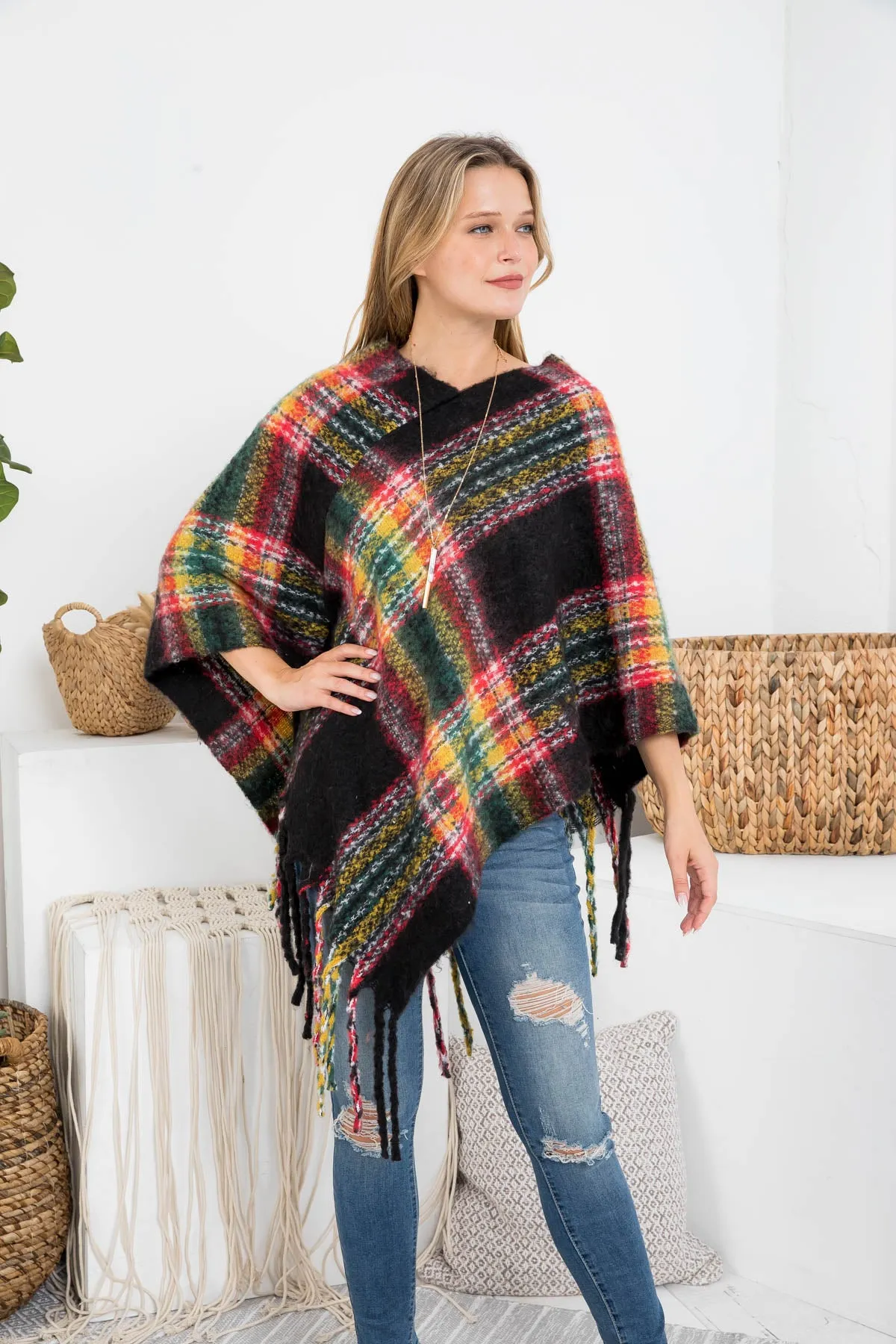 MULTI PLAID FRINGE PONCHO (NOW $5.75 ONLY!)