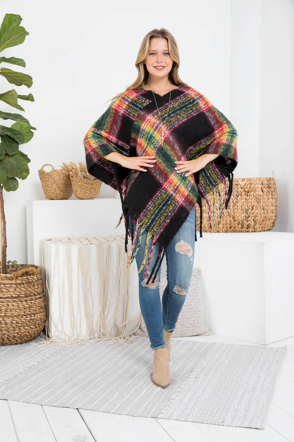 MULTI PLAID FRINGE PONCHO (NOW $5.75 ONLY!)