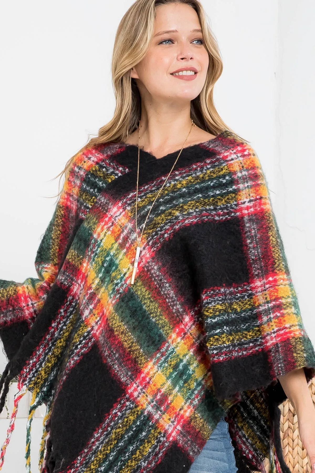 MULTI PLAID FRINGE PONCHO (NOW $5.75 ONLY!)