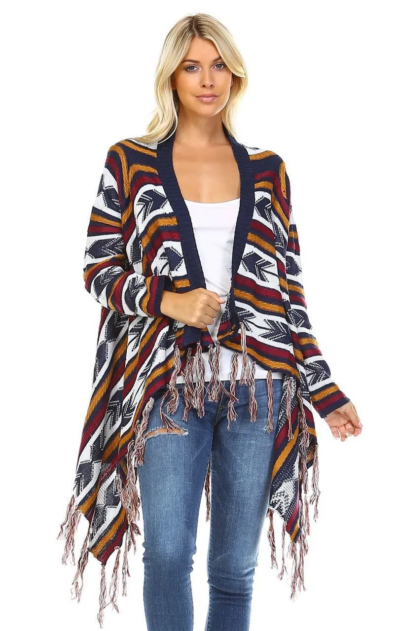Open Front Oversized Fringe Cardigan with Navy Orange Burgundy Arrow