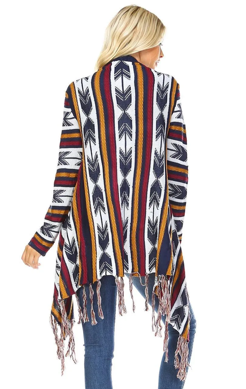 Open Front Oversized Fringe Cardigan with Navy Orange Burgundy Arrow
