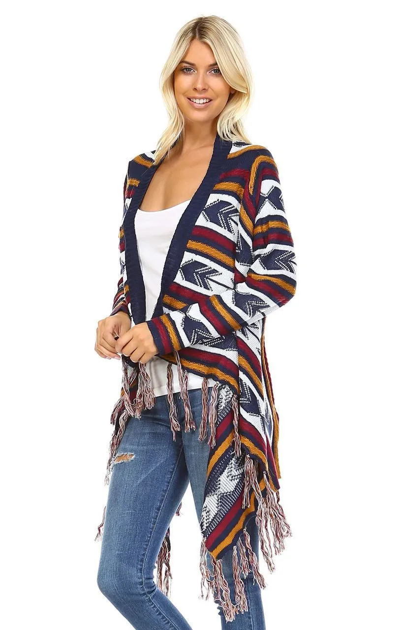 Open Front Oversized Fringe Cardigan with Navy Orange Burgundy Arrow