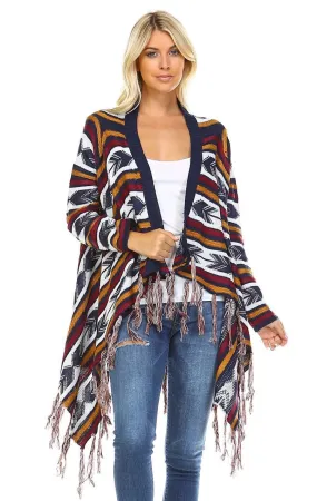 Open Front Oversized Fringe Cardigan with Navy Orange Burgundy Arrow