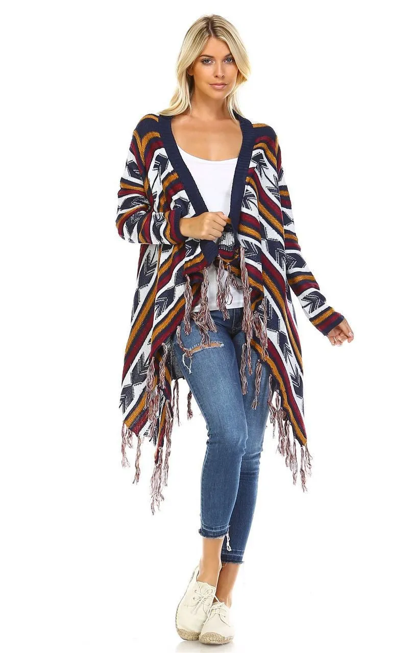 Open Front Oversized Fringe Cardigan with Navy Orange Burgundy Arrow