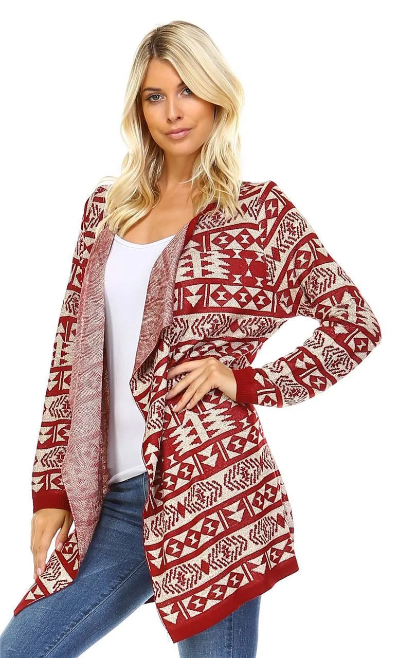 Open Front Oversized Fringe Cardigan with Stripe Aztec Burgundy Beige