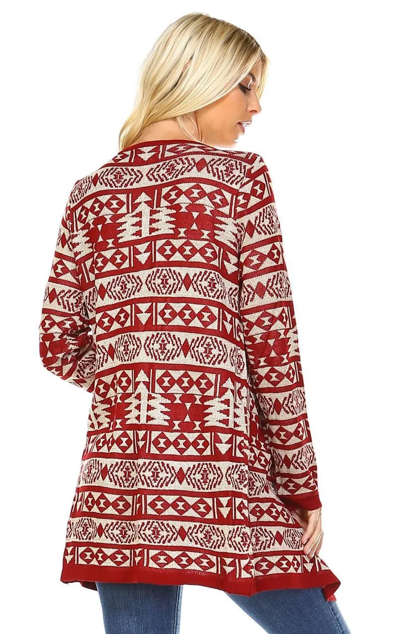 Open Front Oversized Fringe Cardigan with Stripe Aztec Burgundy Beige
