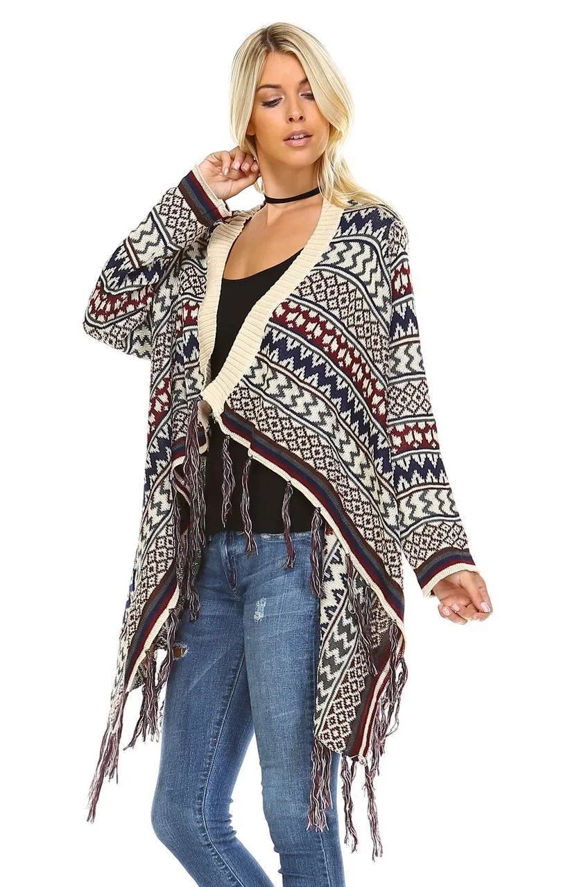 Open Front Oversized Fringe Cardigan with Winter Print Beige