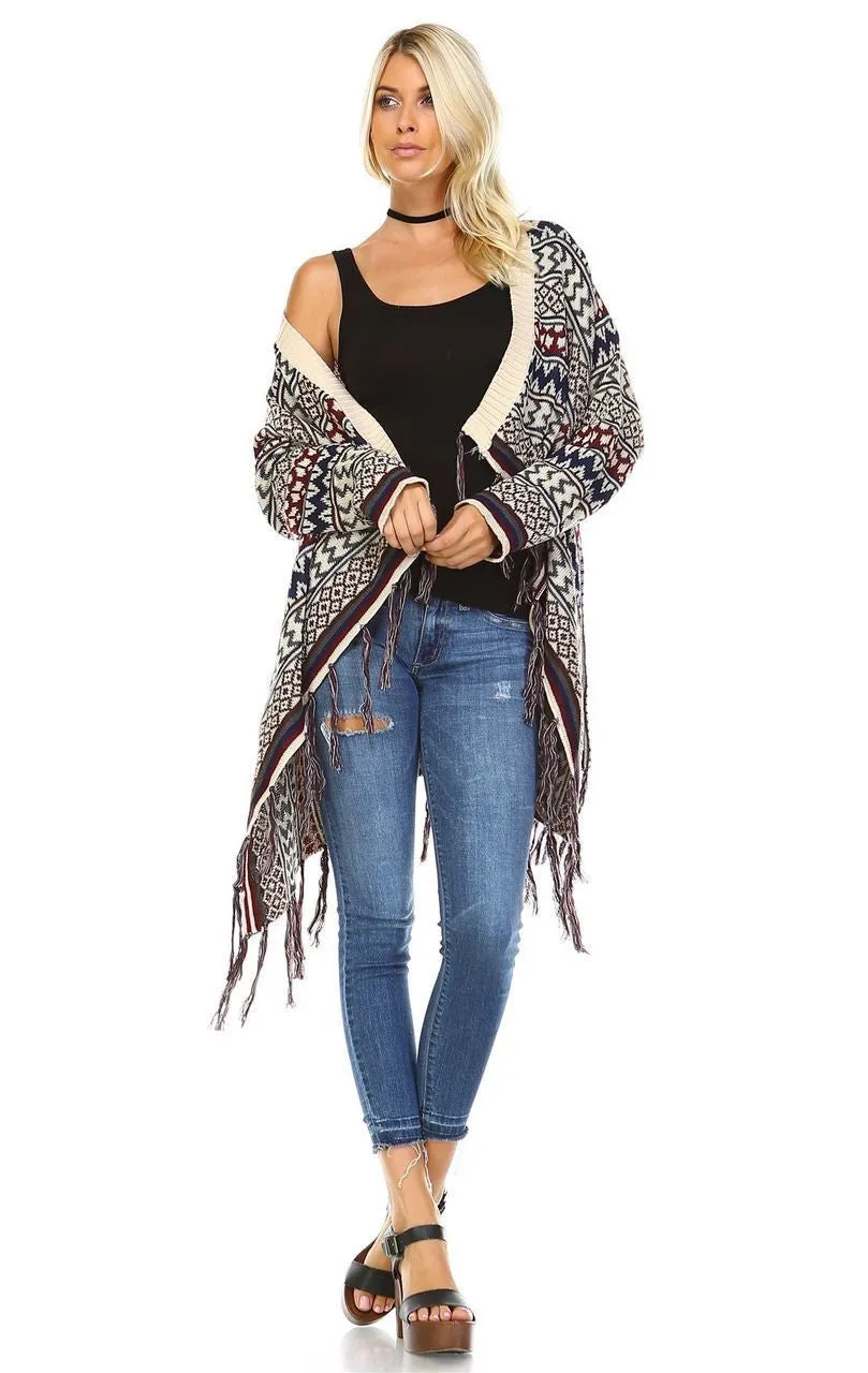 Open Front Oversized Fringe Cardigan with Winter Print Beige