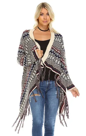 Open Front Oversized Fringe Cardigan with Winter Print Beige