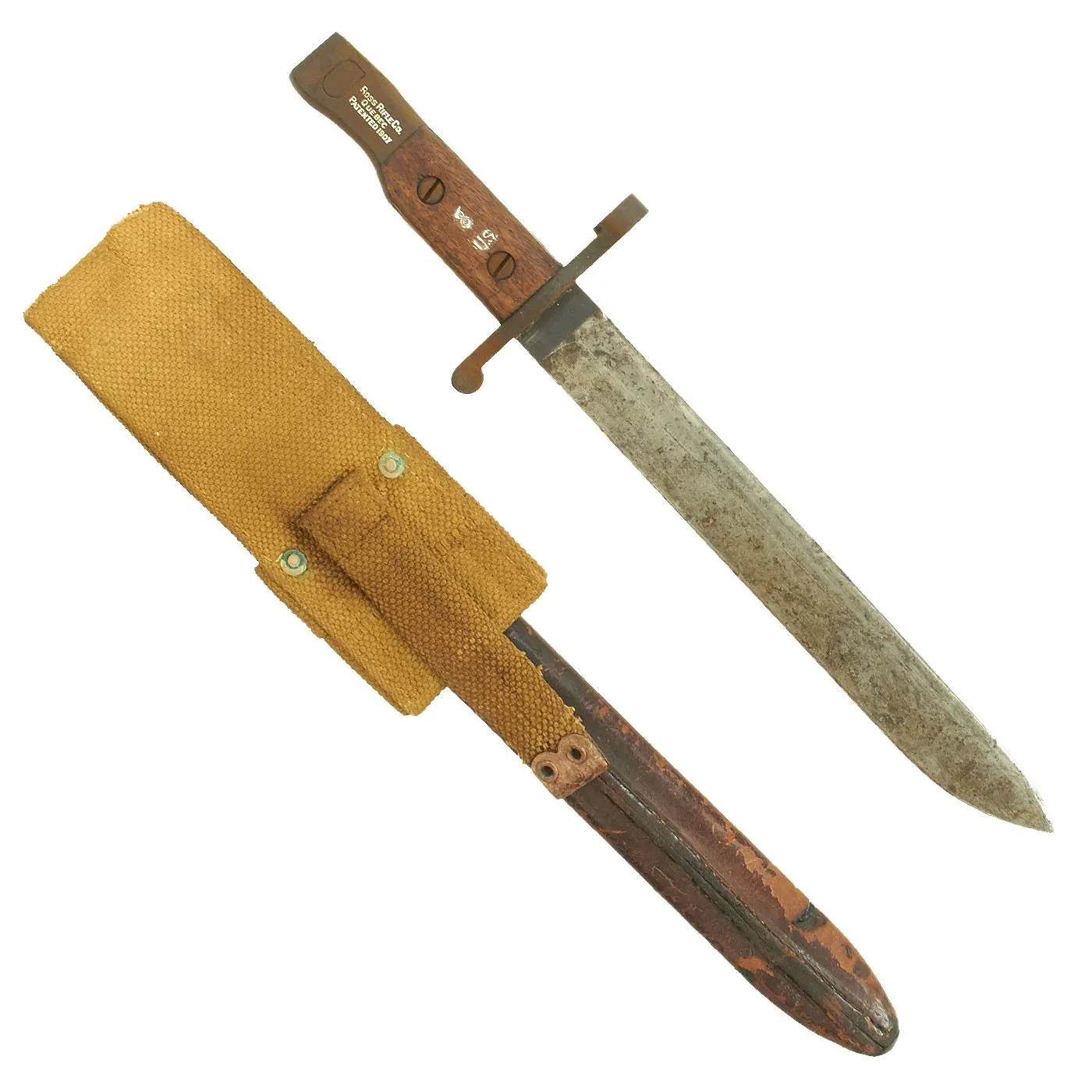 Original Canadian WWI Mk.I U.S. Marked Ross Rifle Bayonet with Scabbard in Canvas Frog - dated 1909