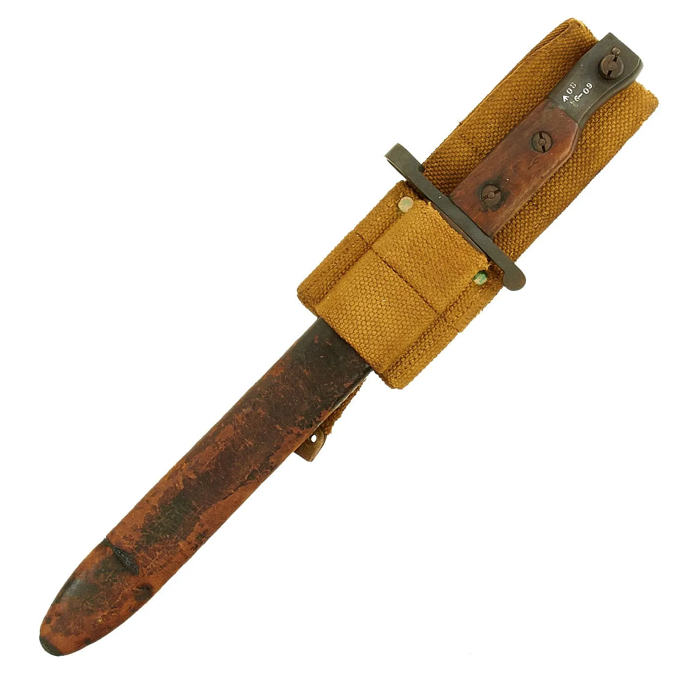 Original Canadian WWI Mk.I U.S. Marked Ross Rifle Bayonet with Scabbard in Canvas Frog - dated 1909