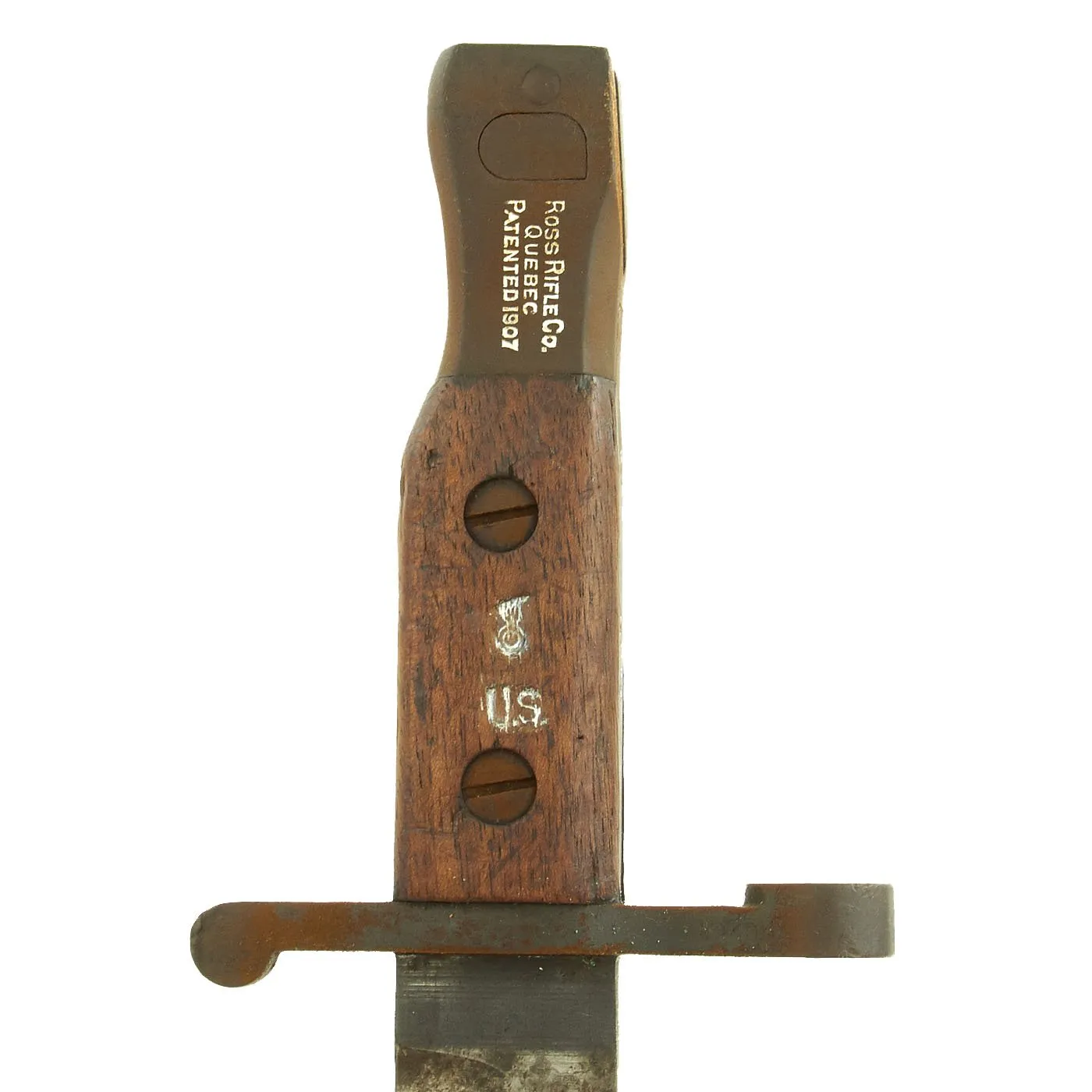 Original Canadian WWI Mk.I U.S. Marked Ross Rifle Bayonet with Scabbard in Canvas Frog - dated 1909