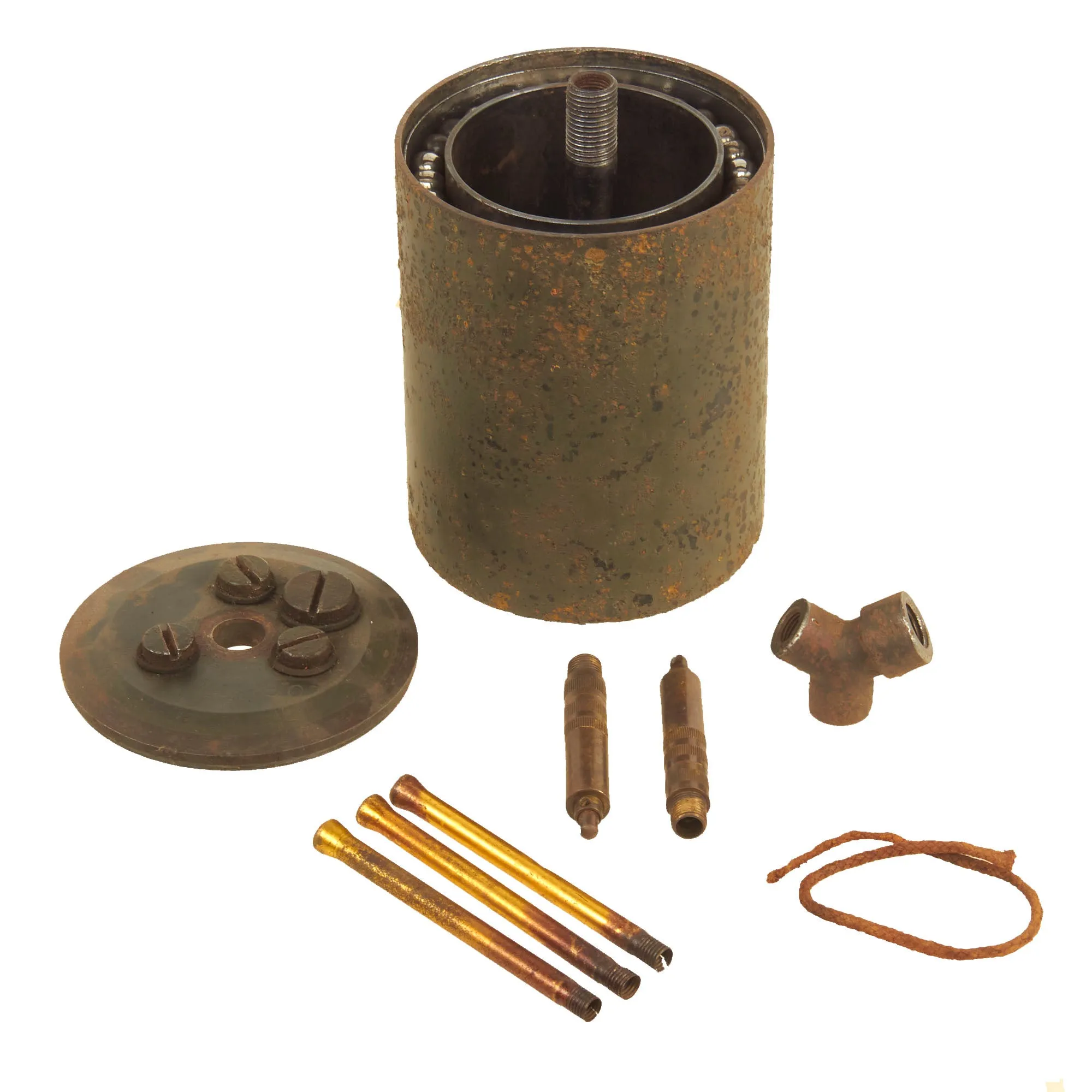 Original German WWII Inert 1940 dated Bouncing Betty S-Mine by Fritz Weber & Co. Metallwaren und Laternenfabrik, Berlin with Shrapnel