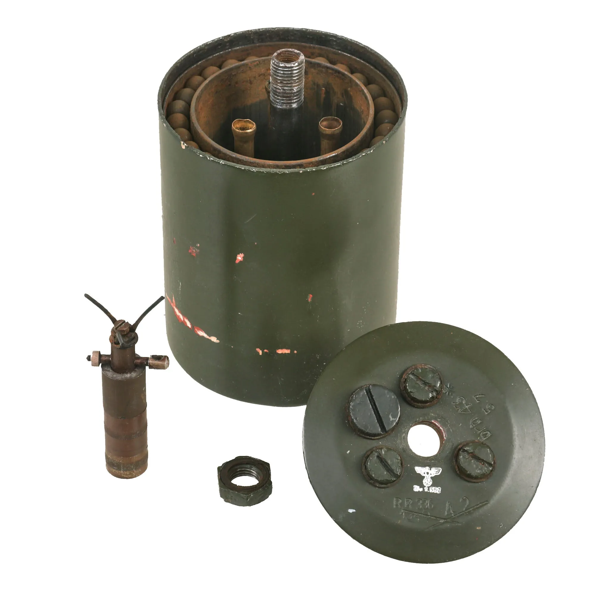 Original WWII German 1943 Dated Inert Bouncing Betty S-Mine with Pressure Fuse by Schaltbau GmbH & Deutsche Armaturenfabrik Leipzig