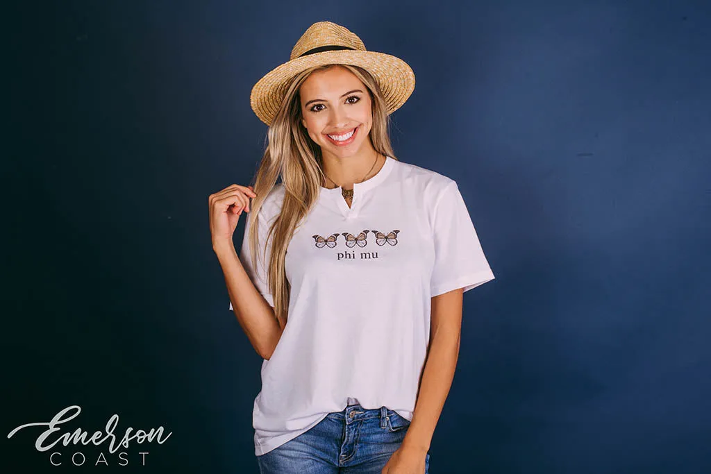 Phi Mu Butterfly Simple PR Notch Tee