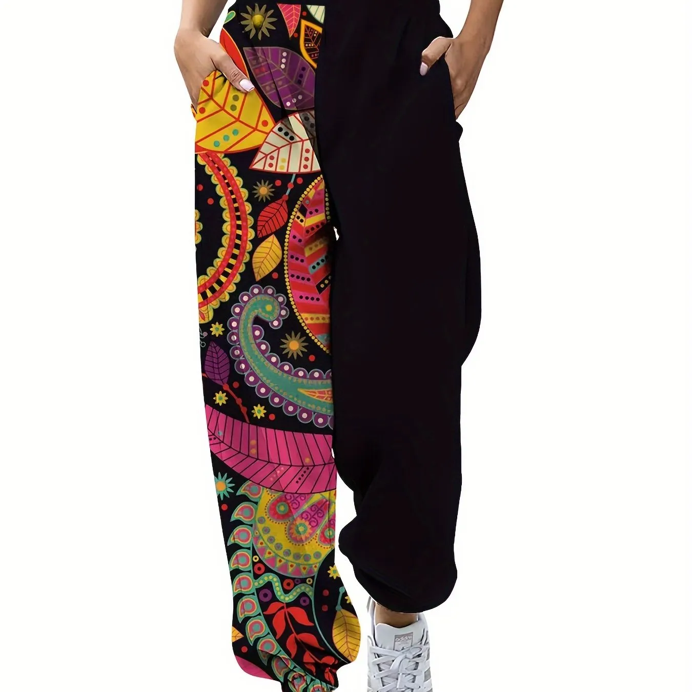 Plant Print Elastic Waist Pants, Casual Dual Pockets Color Block Jogger Pants, Women's Clothing