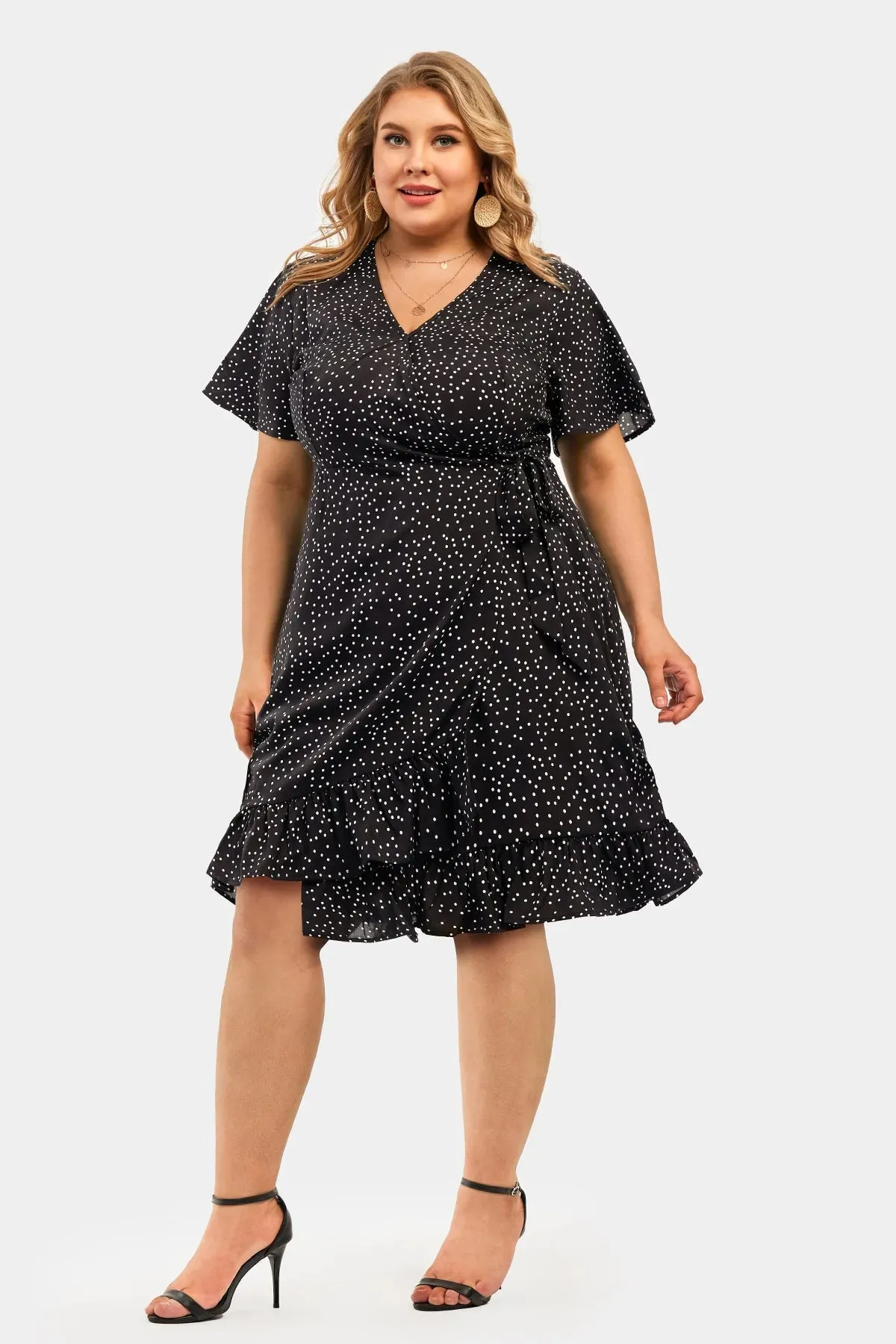 Polka Dot Print V Neck Ruffle Split Hem Wrap Dress