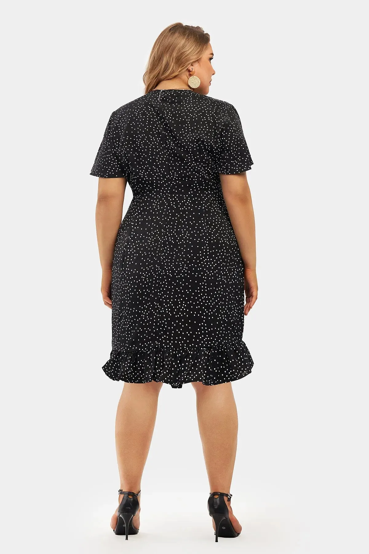 Polka Dot Print V Neck Ruffle Split Hem Wrap Dress