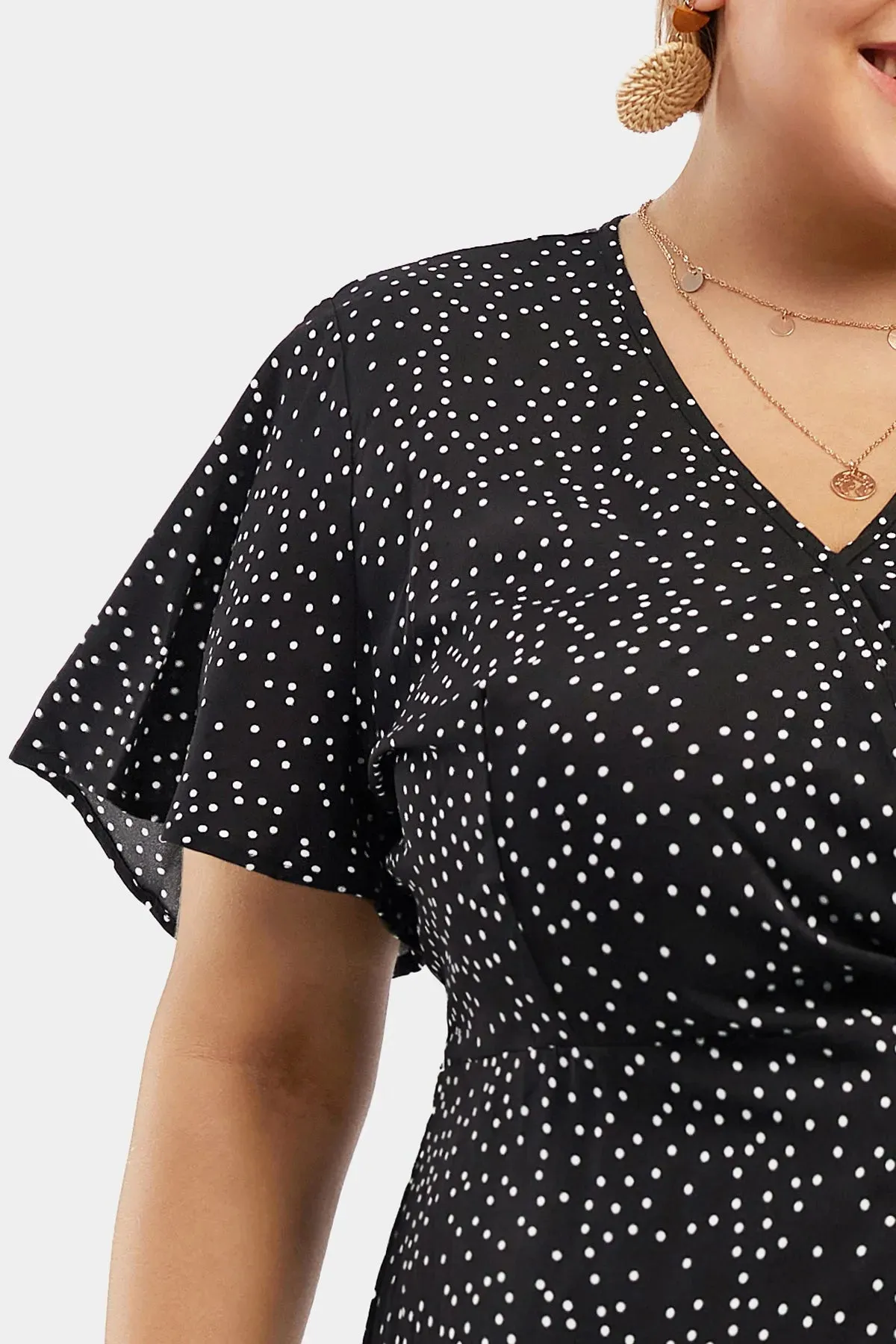 Polka Dot Print V Neck Ruffle Split Hem Wrap Dress