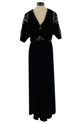 Rare 1920s 1930s Unlabeled Silk Velvet Dress w Rhinestones & Matching Open Shoulder Jacket