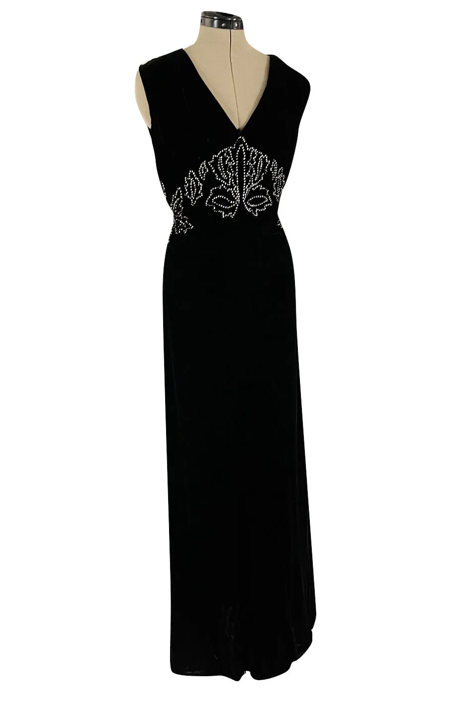 Rare 1920s 1930s Unlabeled Silk Velvet Dress w Rhinestones & Matching Open Shoulder Jacket