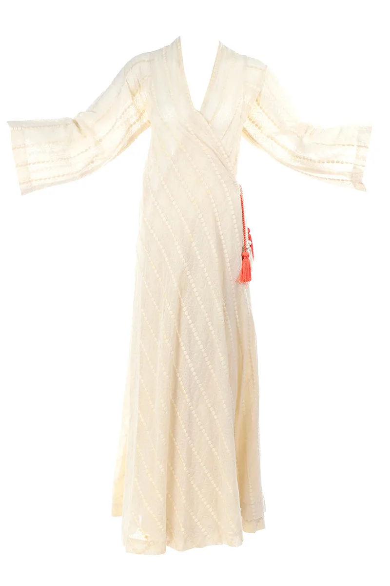 Rare Phyllis Sues Vintage 1970s Cream Raised Dot Maxi Dress W Tassels