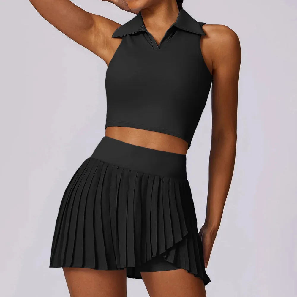 Solid Color Stretchy Collar V-Cut Sleeveless Top And Pleated Mini Skirt Set