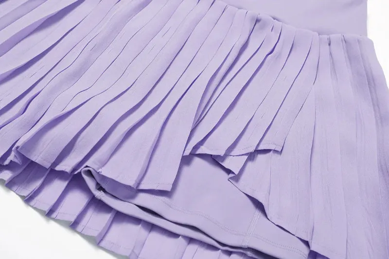 Solid Color Stretchy Collar V-Cut Sleeveless Top And Pleated Mini Skirt Set