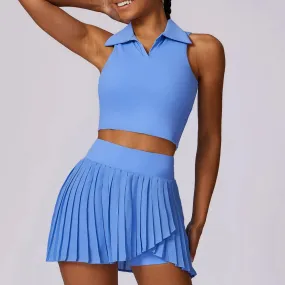Solid Color Stretchy Collar V-Cut Sleeveless Top And Pleated Mini Skirt Set