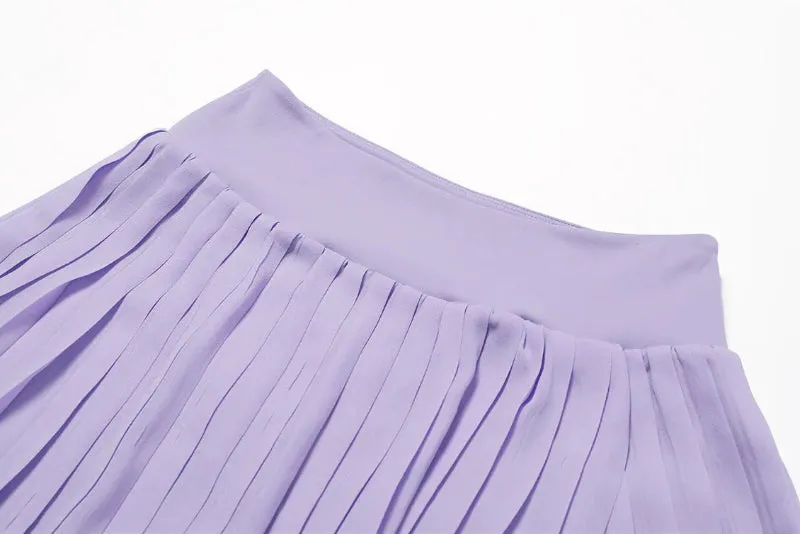 Solid Color Stretchy Collar V-Cut Sleeveless Top And Pleated Mini Skirt Set