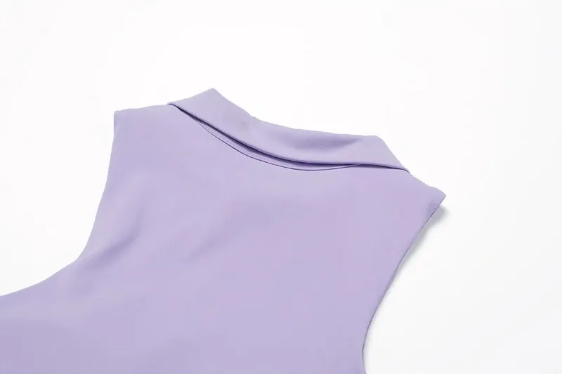 Solid Color Stretchy Collar V-Cut Sleeveless Top And Pleated Mini Skirt Set