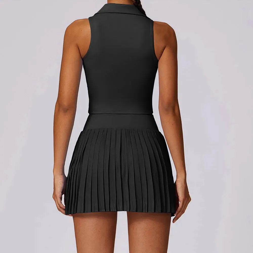 Solid Color Stretchy Collar V-Cut Sleeveless Top And Pleated Mini Skirt Set