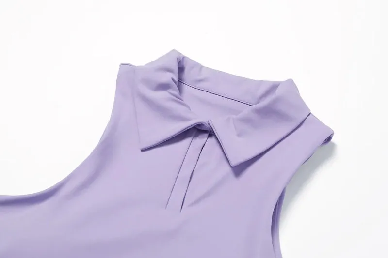 Solid Color Stretchy Collar V-Cut Sleeveless Top And Pleated Mini Skirt Set