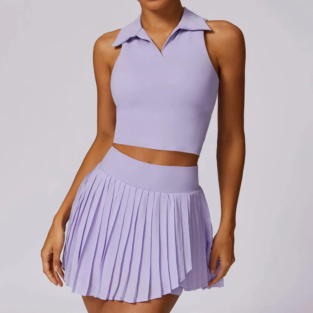 Solid Color Stretchy Collar V-Cut Sleeveless Top And Pleated Mini Skirt Set