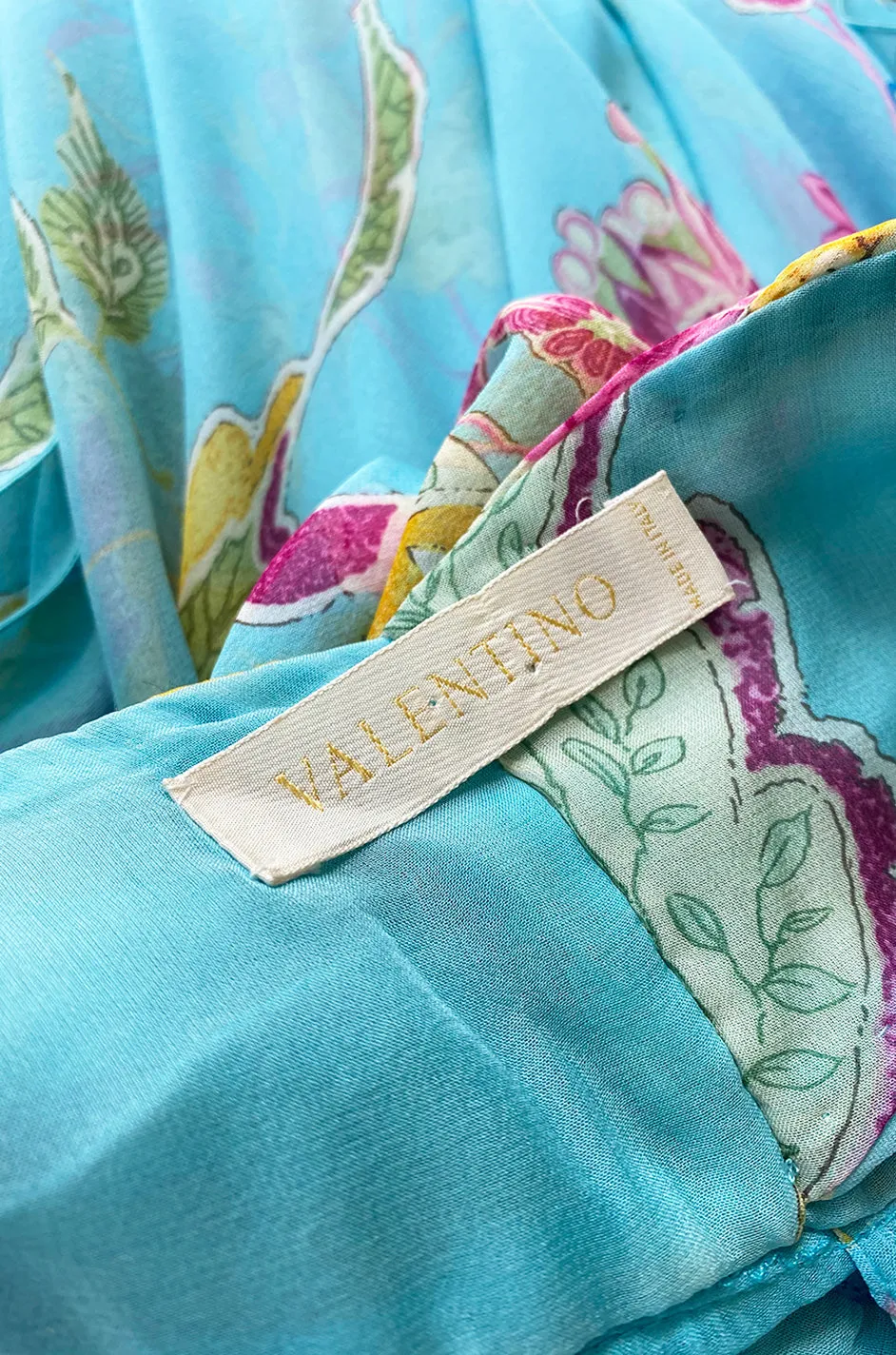 Spring 2004 Valentino Runway Pale Turquoise Silk Chiffin Print Dress