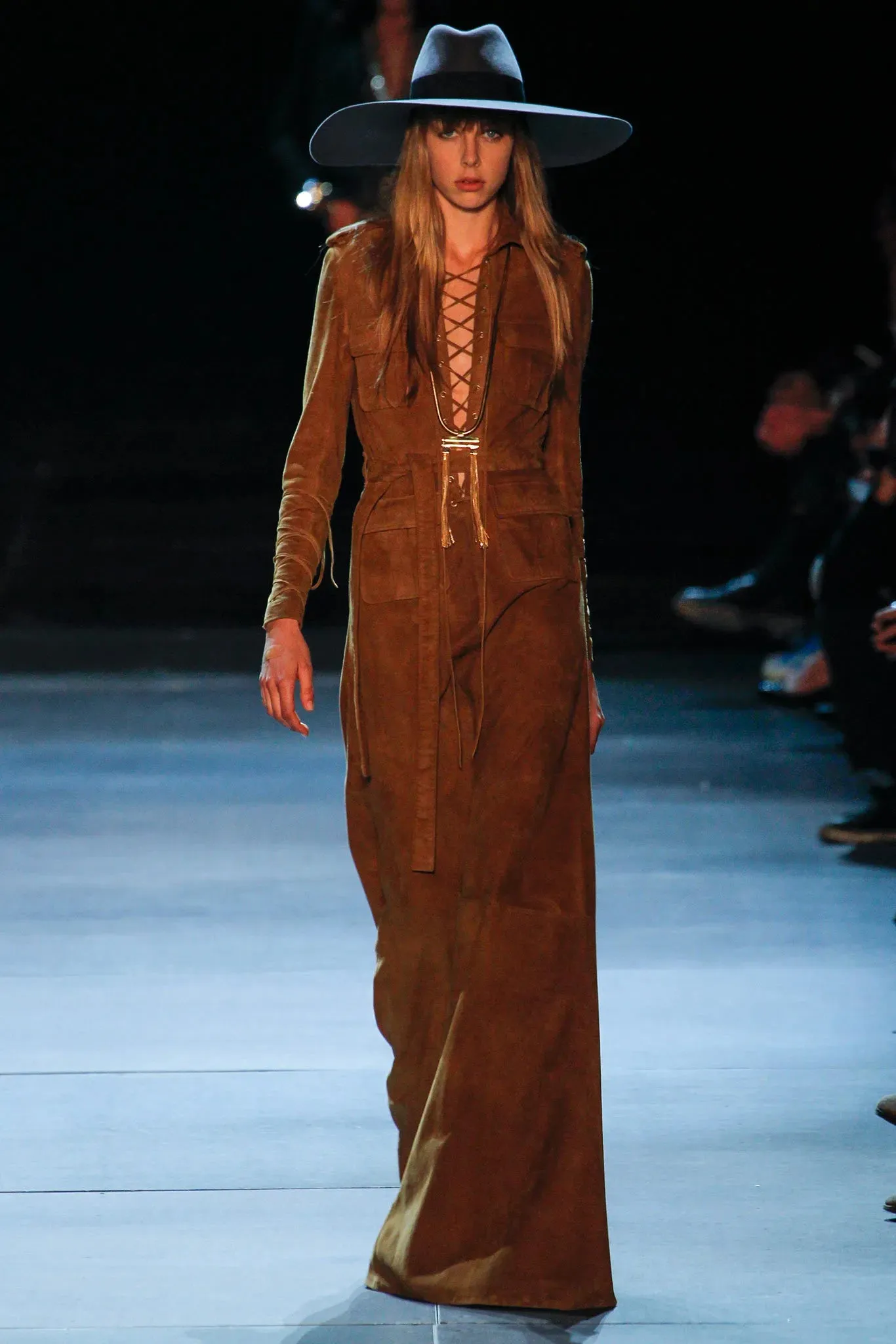 Spring 2013 Yves Saint Laurent by Hedi Slimane Runway Look 4 Suede Safari Lace-up Full Length Dress