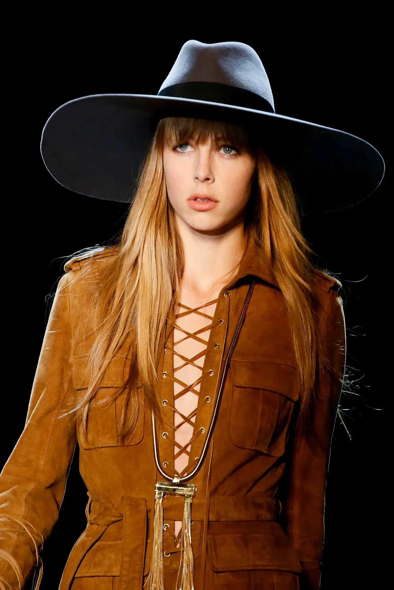 Spring 2013 Yves Saint Laurent by Hedi Slimane Runway Look 4 Suede Safari Lace-up Full Length Dress