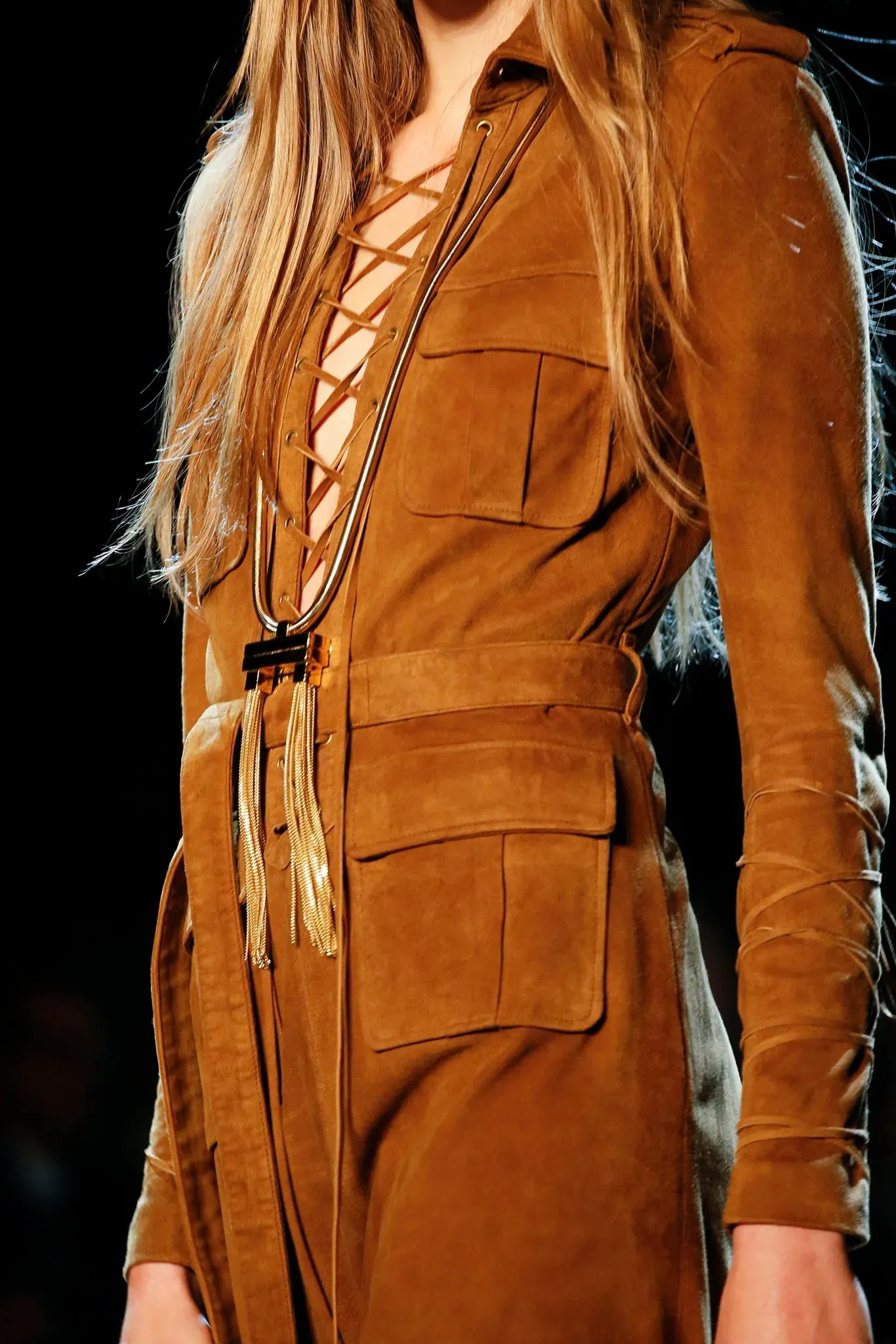 Spring 2013 Yves Saint Laurent by Hedi Slimane Runway Look 4 Suede Safari Lace-up Full Length Dress
