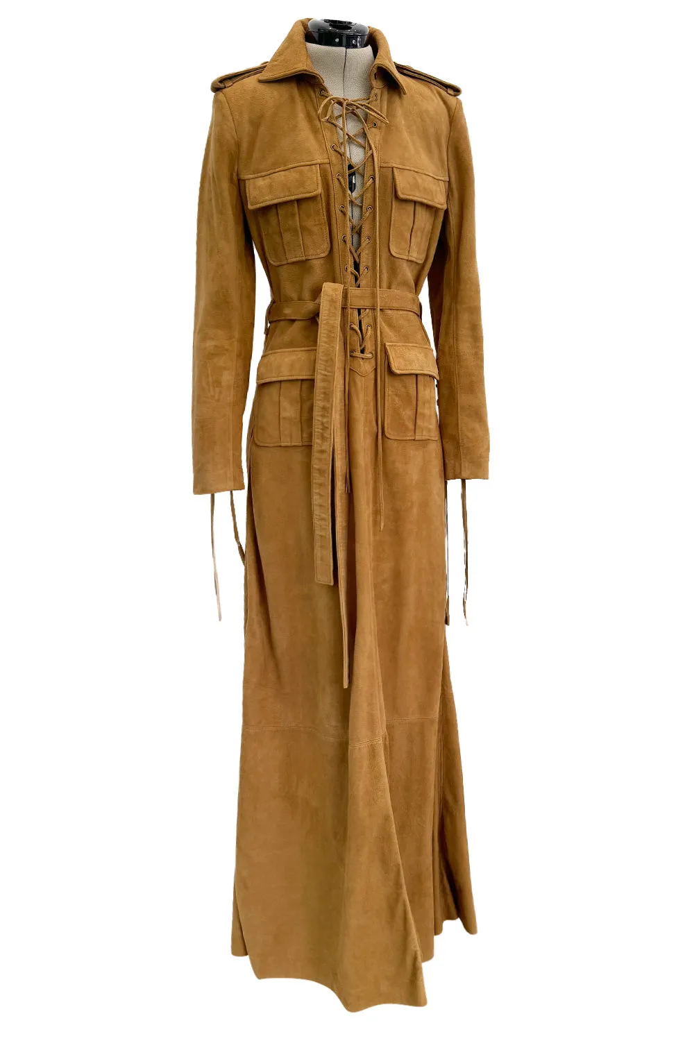 Spring 2013 Yves Saint Laurent by Hedi Slimane Runway Look 4 Suede Safari Lace-up Full Length Dress