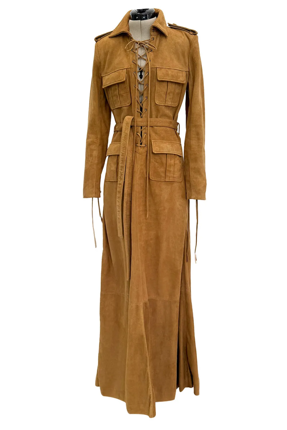 Spring 2013 Yves Saint Laurent by Hedi Slimane Runway Look 4 Suede Safari Lace-up Full Length Dress