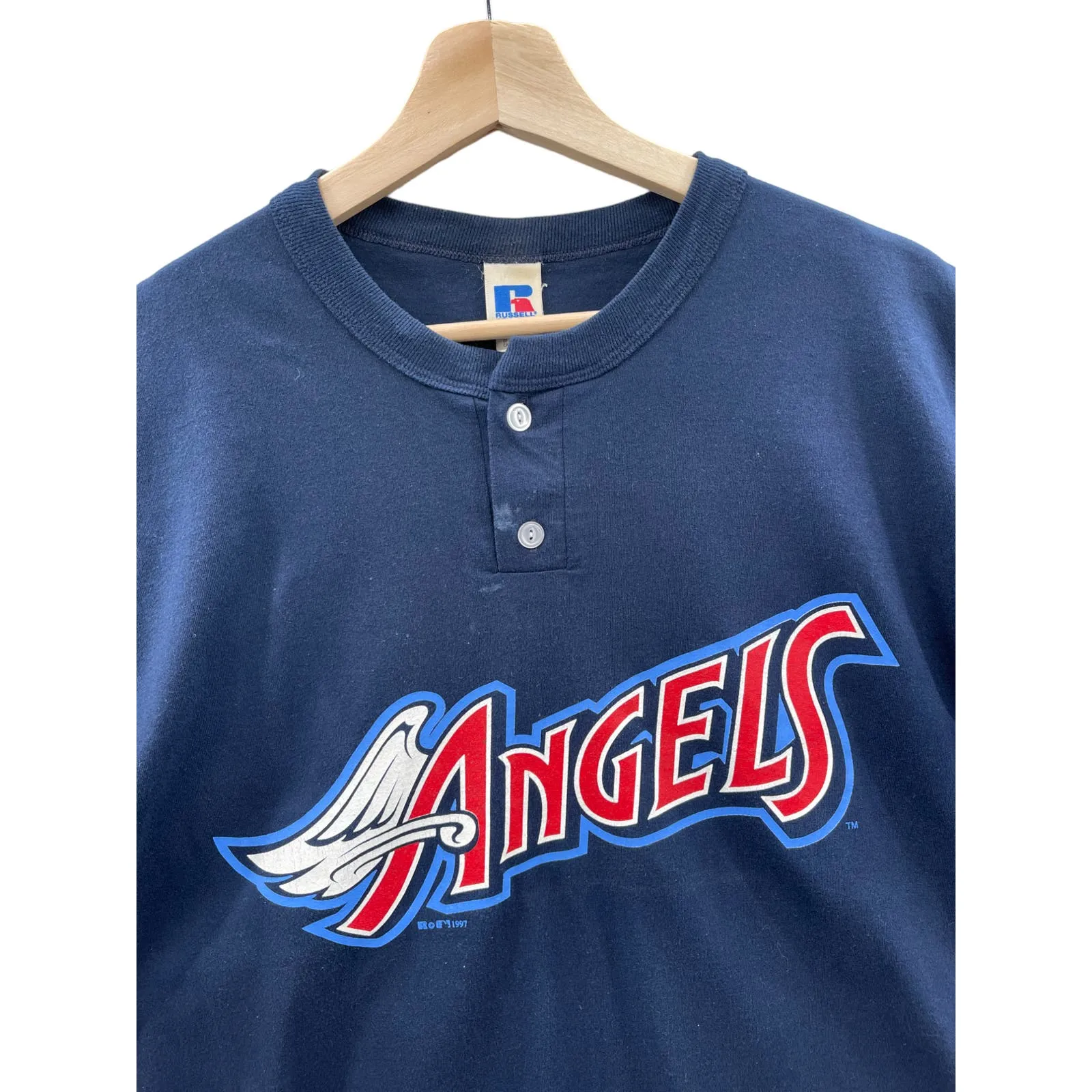 Vintage 1997 Russell Athletic Anaheim Angels Henley T-Shirt